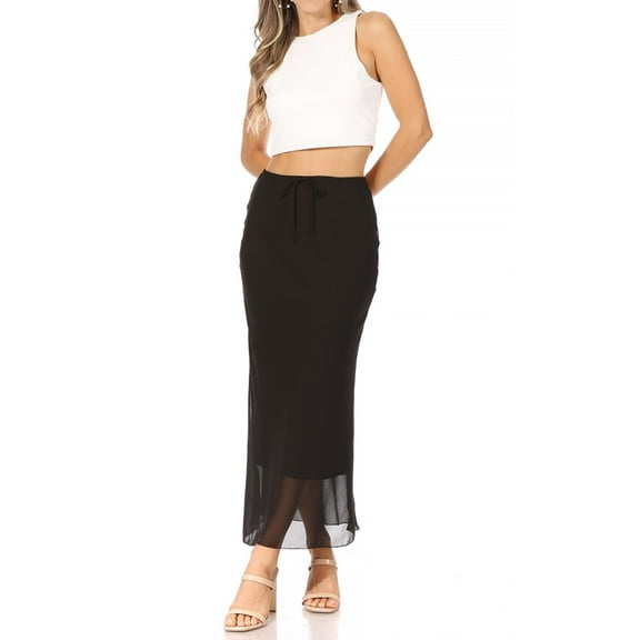 Women's High Rise Chiffon Overlay Maxi Draped Skirt with Waist Tie Accent.