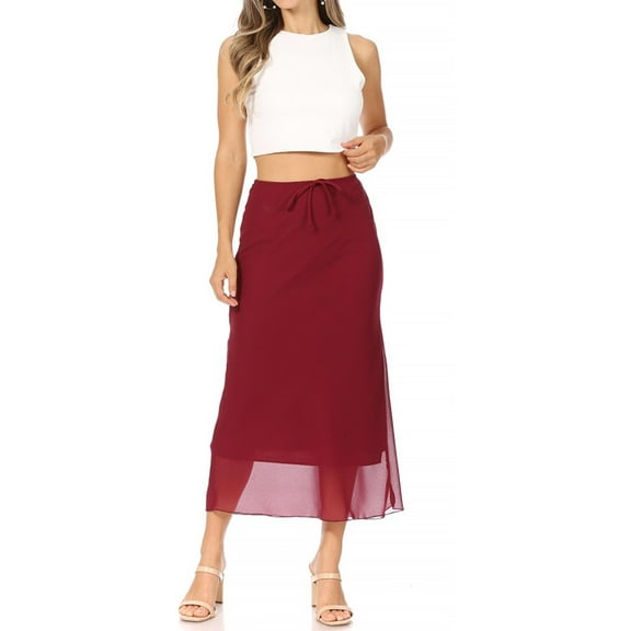Women's High Rise Chiffon Overlay Maxi Draped Skirt with Waist Tie Accent.