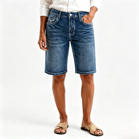 Women's High‑Rise Denim Bermuda Shorts, Medium Blue Wash Stretch Knee‑Length Jean Shorts with Pockets, Casual Denim Bottoms Sizes 4‑18