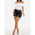 thumbnail image 1 of Women's High‑Rise Denim Shorts, Black Distressed Wash Ripped Shorts with Triple Button Closure & Frayed Raw Hem, Sizes 6-20, 1 of 7