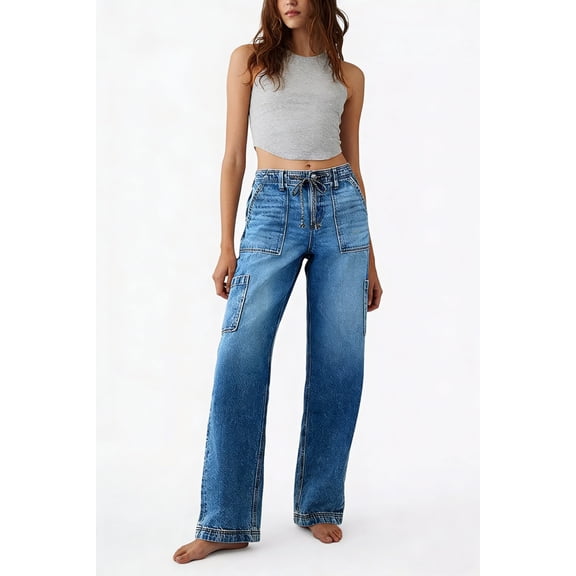 Women's High Rise Drawstring Wide Leg Cargo Jeans with Multi Pockets, Casual Denim Trousers