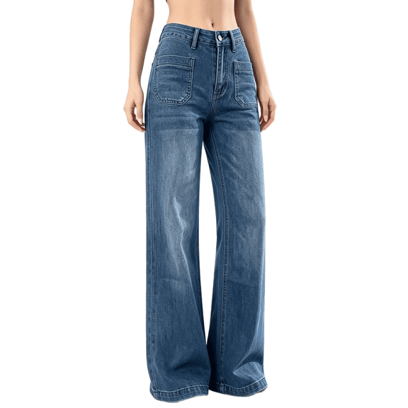 Women's High Rise Flare Jeans Dark Blue Washed Denim Pants with Front Pockets