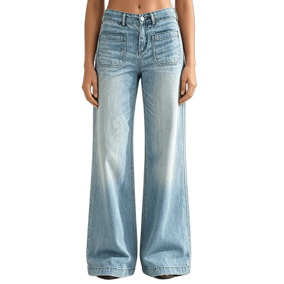 Women's High Rise Flare Jeans Light Blue Washed Denim Pants with Front Pockets