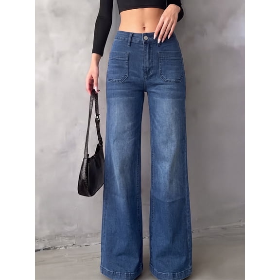 Women's High Rise Flare Jeans Vintage Washed Wide Leg Denim Pants with Patch Pockets for Casual Street Blue