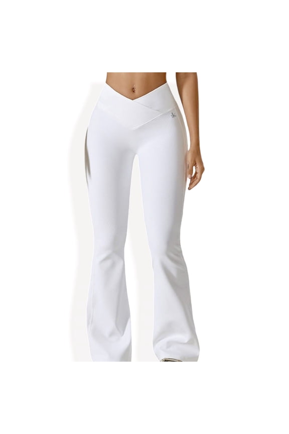 Women's High-Rise Flared Yoga Pants with Crossover Waist Detail - Small, White