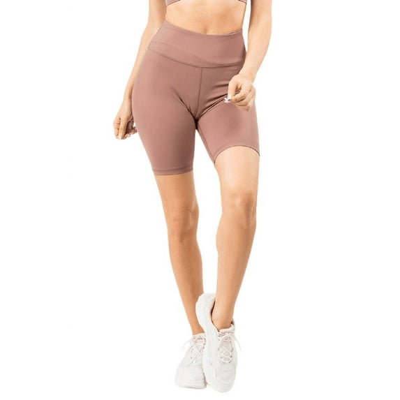 Women’s High Rise Matte Activewear Biker Shorts w/ Hidden Waistband Pocket - Smoky Mauve, M