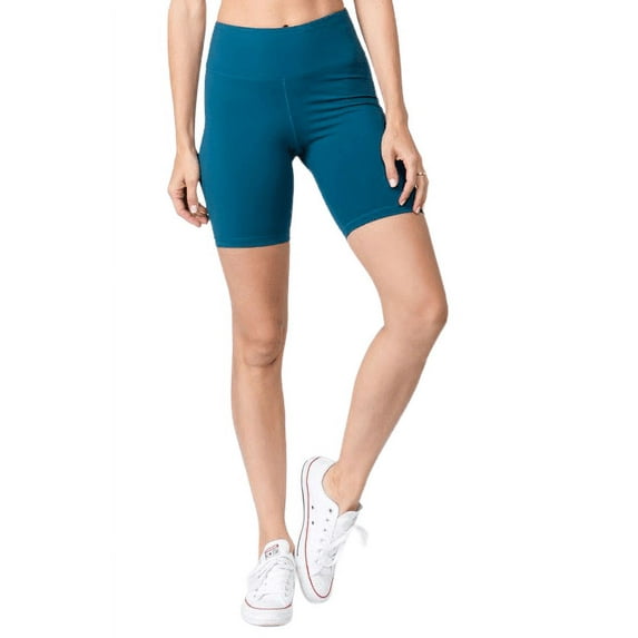 Women’s High Rise Matte Activewear Biker Shorts w/ Hidden Waistband Pocket - Teal, S