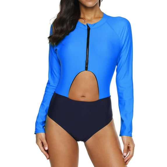 Women's High Rise One Piece Swimsuit Color Blocked Rashguard Long Sleeve Swimwear Upf 50+