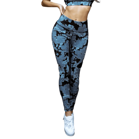 Women's High Rise Plant/Flower Printed Activewear Leggings - Floral Leaf Print, M