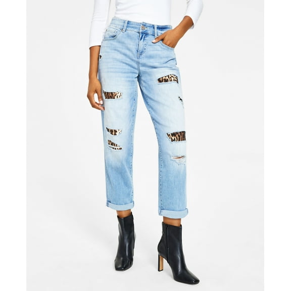 Women's High Rise Ripped Leopard Boyfriend Jeans Light Indigo 0P
