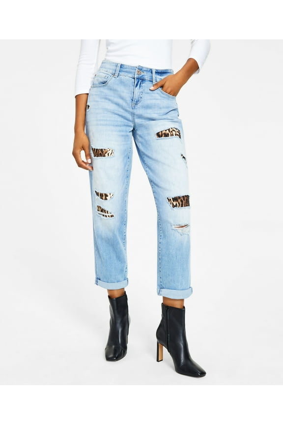 Women's High Rise Ripped Leopard Boyfriend Jeans Light Indigo 0P