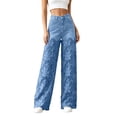 thumbnail image 1 of Women's High-Rise Jean Lace Denim Pants High Waisted Hollow Out Asymmetric Floral Patchwork Ripped Straight Leg Jeans Trouser Pants, 1 of 8