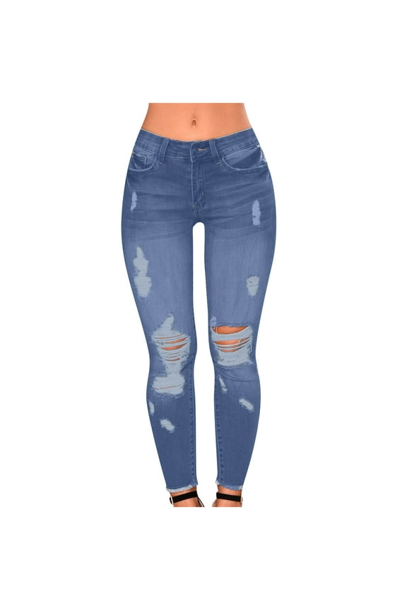 Women's High Rise Skinny Stretch Ripped Jeans High Waisted Destroyed Denim Pants Blue XXL