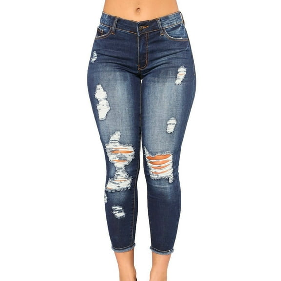 Women's High Rise Skinny Stretch Ripped Jeans High Waisted Destroyed Denim Pants Dark Blue L