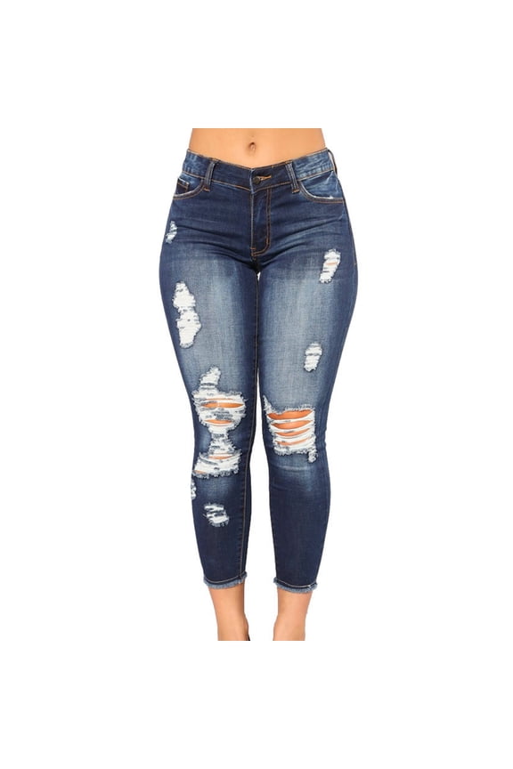 Women's High Rise Skinny Stretch Ripped Jeans High Waisted Destroyed Denim Pants Dark Blue L