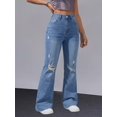 thumbnail image 1 of Women's High Rise Straight Leg Jeans Distressed Ripped Frayed Cuffed Hem Stretch Denim for Casual Light Wash, 1 of 8