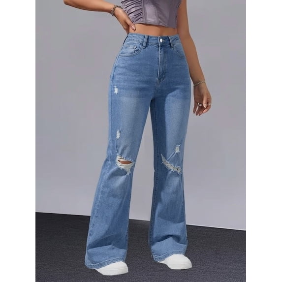 Women's High Rise Straight Leg Jeans Distressed Ripped Frayed Cuffed Hem Stretch Denim for Casual Light Wash