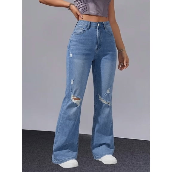 Women's High Rise Straight Leg Jeans Distressed Ripped Frayed Cuffed Hem Stretch Denim for Casual Light Wash