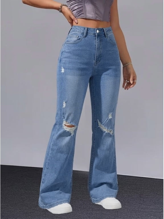 Women's High Rise Straight Leg Jeans Distressed Ripped Frayed Cuffed Hem Stretch Denim for Casual Light Wash