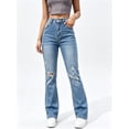 thumbnail image 1 of Women's High Rise Straight Leg Jeans Distressed Ripped Frayed Cuffed Hem Stretch Denim for Casual Light Wash, 1 of 7