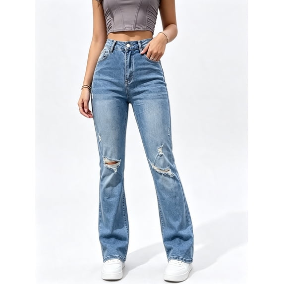 Women's High Rise Straight Leg Jeans Distressed Ripped Frayed Cuffed Hem Stretch Denim for Casual Light Wash