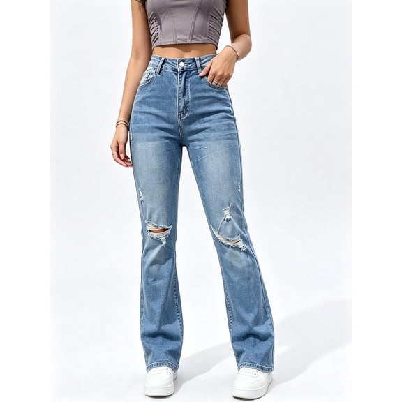 Women's High Rise Straight Leg Jeans Distressed Ripped Frayed Cuffed Hem Stretch Denim for Casual Light Wash