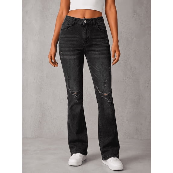 Women's High Rise Straight Leg Jeans Distressed Ripped Frayed Cuffed Roll Up Hem Stretch Denim for Casual Black