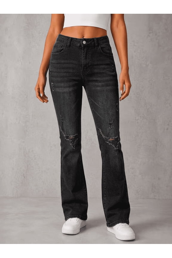 Women's High Rise Straight Leg Jeans Distressed Ripped Frayed Cuffed Roll Up Hem Stretch Denim for Casual Black