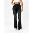 thumbnail image 1 of Women's High Rise Straight Leg Jeans Distressed Ripped Frayed Cuffed Roll Up Hem Stretch Denim for Casual Black, 1 of 7