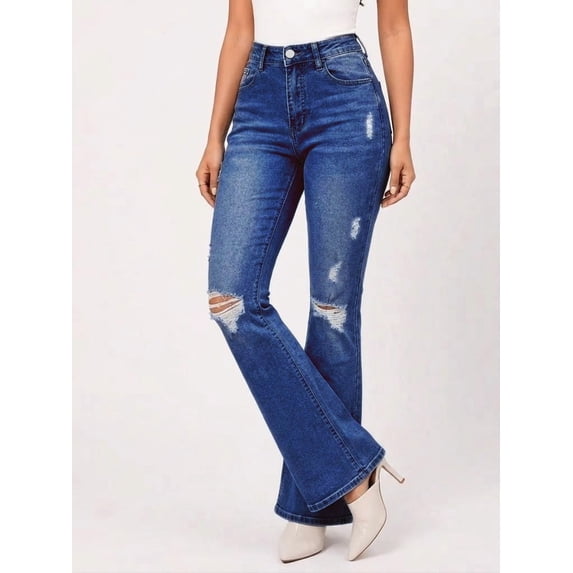 Women's High Rise Straight Leg Jeans Distressed Ripped Frayed Cuffed Roll Up Hem Stretch Denim for Casual Dark Blue