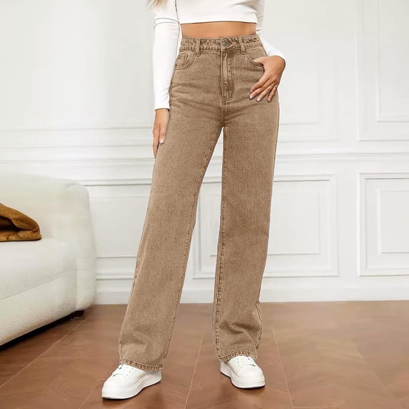 Women's High Rise Straight Leg Jeans with Elastic Waist - Stretch Denim Full Length Pants