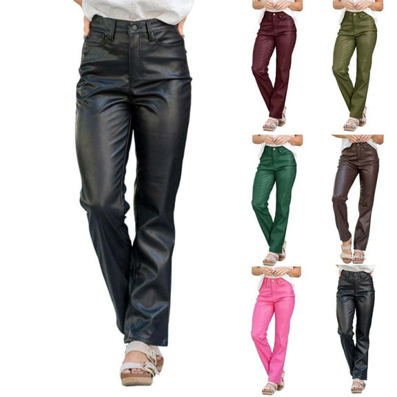 Women's High Rise Straight Leg Trousers in Faux Leather Elegant Vegan Leather Pants for Business Casual Wear