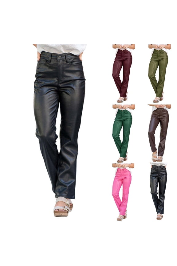 Women's High Rise Straight Leg Trousers in Faux Leather Elegant Vegan Leather Pants for Business Casual Wear