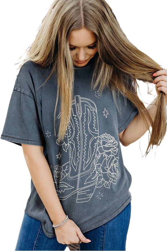 Women's High-Rise Western Cowboy Boots Graphic Tee - Stylish and Comfortable | [ZhiHiMeRi] | (US 12-14)L