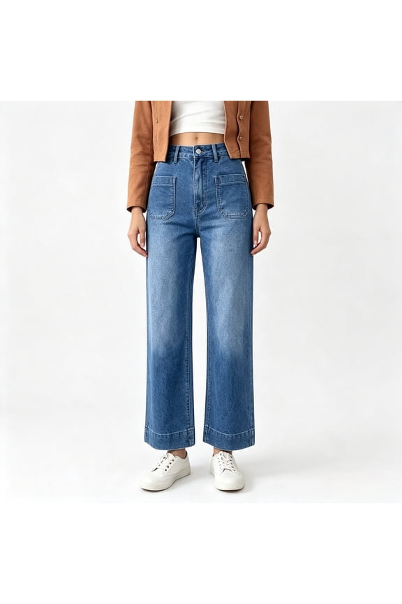 Women's High‑Rise Wide‑Leg Denim Jeans, Medium Wash Jeans with Square Patch Front Pockets & Wide Cuff Hem, Sizes 4‑18