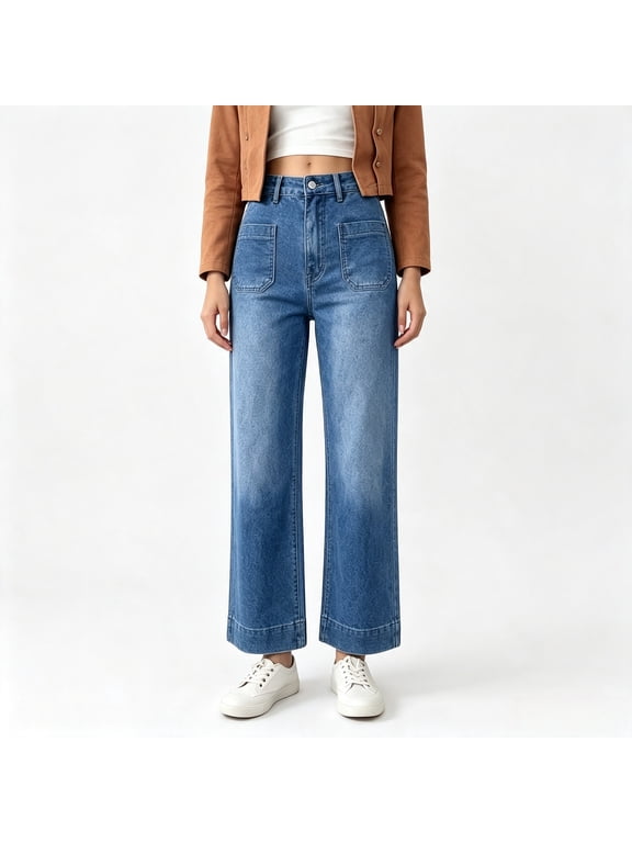 Women's High‑Rise Wide‑Leg Denim Jeans, Medium Wash Jeans with Square Patch Front Pockets & Wide Cuff Hem, Sizes 4‑18