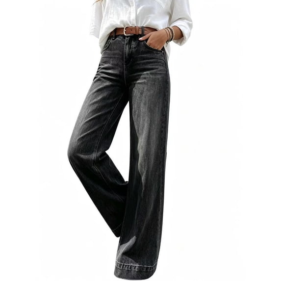 Women's High Rise Wide Leg Flare Jeans Vintage Washed Black Bell Bottom for Casual Street Black