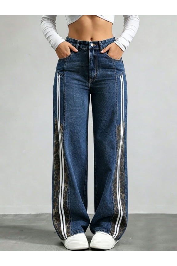 Women’s High Rise Wide Leg Jeans with Leopard Print Panels and Stripe Detail Trendy Loose Denim Pants