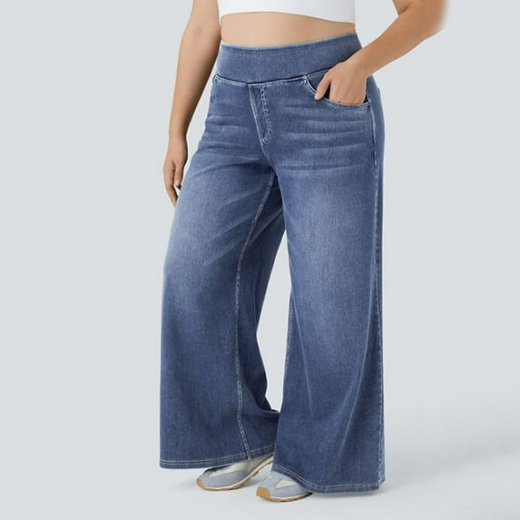 Women's High Rise Wide Leg Jeggings Stretch Pull On Jeans Pants Soft Denim With Pockets