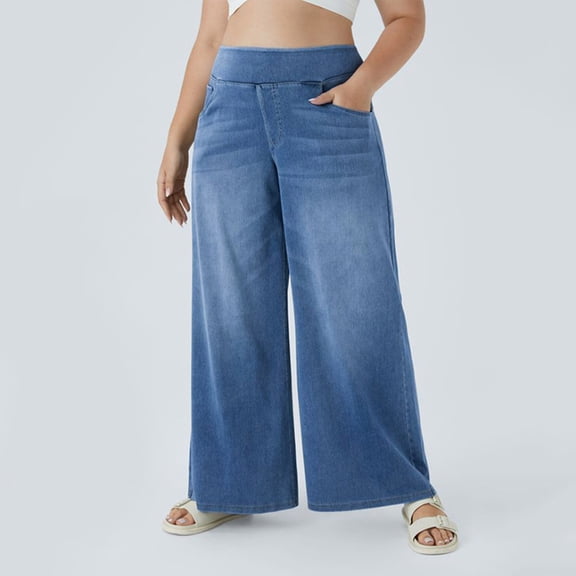 Women's High Rise Wide Leg Jeggings Stretch Pull On Jeans Pants Soft Denim With Pockets