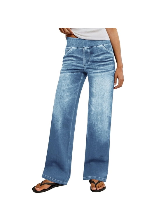 Women's High Rise Wide Leg Jeggings Stretch Pull On Jeans Soft Denim with Pockets Pull on Stretchy Trendy Straight Leg Jeans Pants