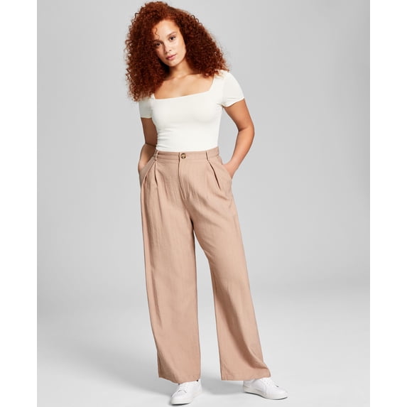 Women's High-Rise Wide-Leg Textured Trouser Pants Almond XL