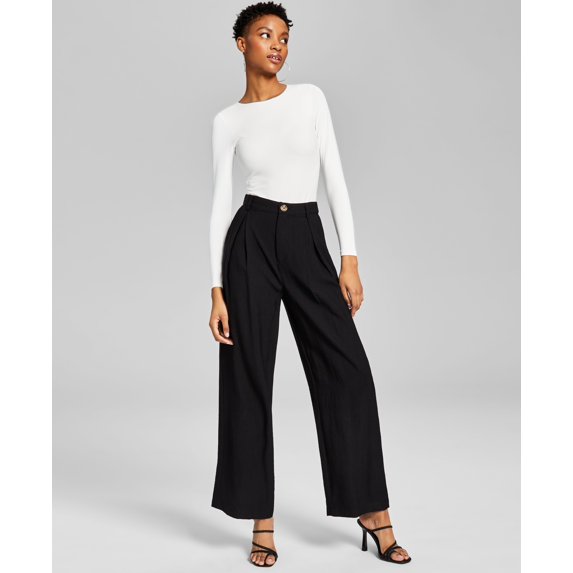 Women's High-Rise Wide-Leg Textured Trouser Pants Black L
