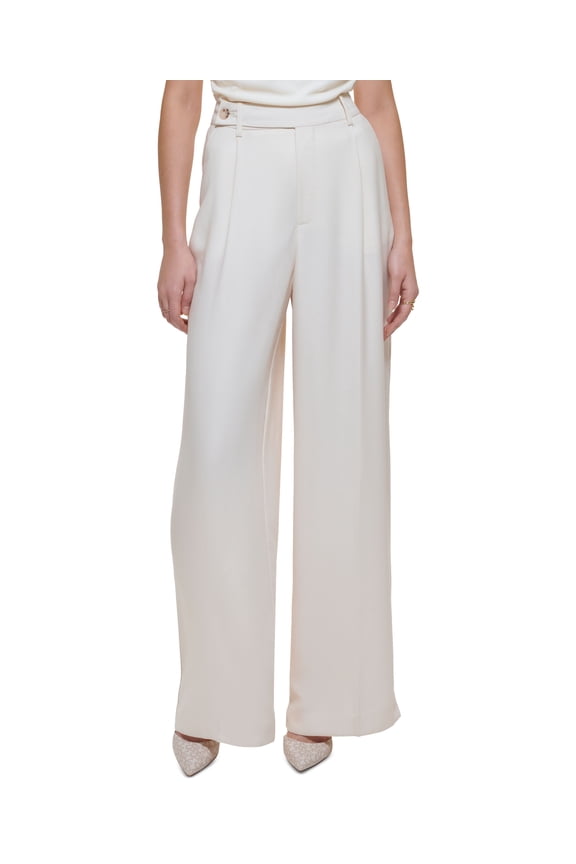 Women's High-Rise Zip-Front Wide-Leg Crepe Pants Eggnog 2