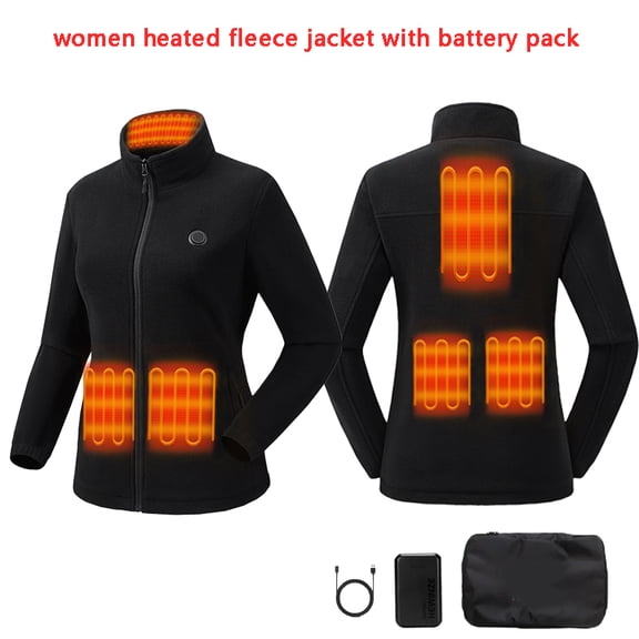 Women's High Stand-Up Neck Heated Fleece Medium Coat,Full Sleeves Plain Tops for Women with 7.4V Battery Pack, Windproof Thermal Lightweight Winter Outdoor Hunting-Skiing Coat, Holiday Gift Option
