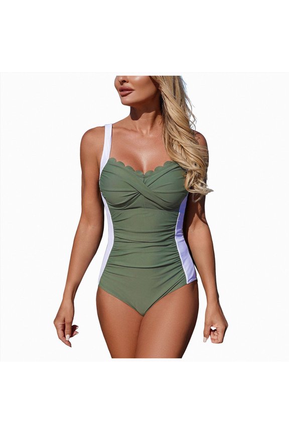 Women's High Stretch Plain Athletic One Piece Swimsuit Model GM26033, 80% Polyester 20% Spandex, for Water Activities Beach Vacation, Color Army Green, Size M
