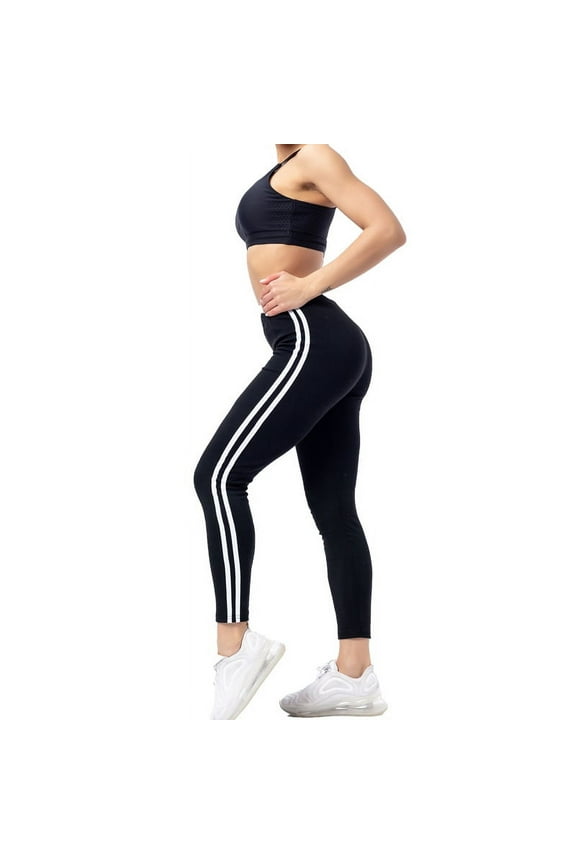 Women 's High Stretch Slim Fit Cropped Yoga Leggings Side White Striped Activewear