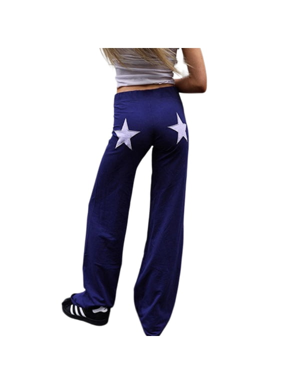Women’s High Stretch Straight Leg Pants, Star Embroidery Colorblock Casual Trousers