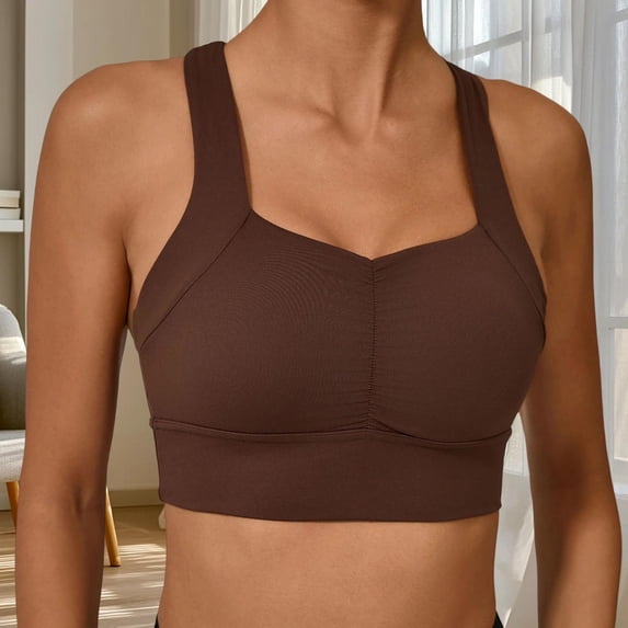 Women's High-Support Sports Bra with Detachable Padded Ruched Racerback Yoga Bras Workout Cropped Tank Tops Bras for Lady Wirefree Removable Pads Coffee M