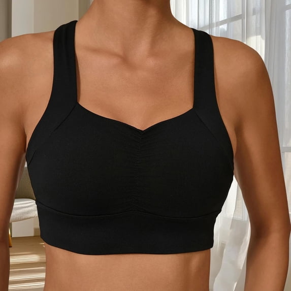 Women's High-Support Sports Bra with Detachable Padded Ruched Racerback Yoga Bras Workout Cropped Tank Tops Ladies Athletic Wireless Bra Black M